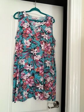 Sleeveless Lands End Floral Dress in Turquoise and Pink